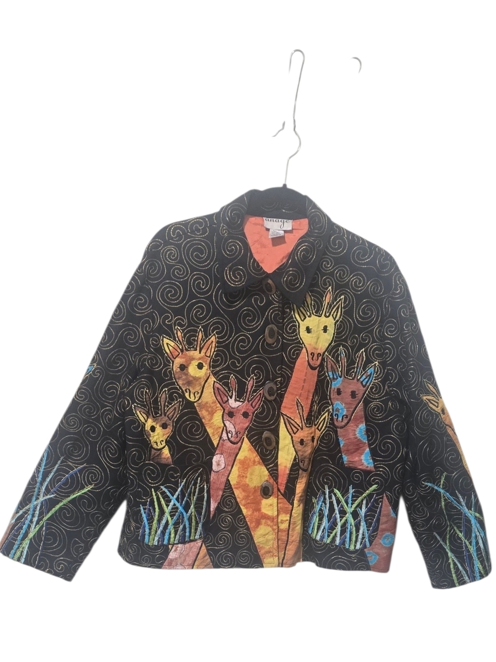 Vtg Anage Giraffe Jacket Multicolor Embroidered Patchwork Cotton Art To Wear L
